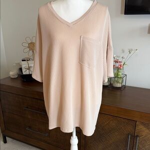 Light Blush V-Neck Ribbed Pullover with Pocket